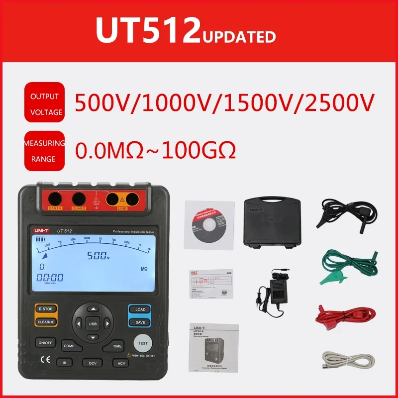 UNI-T Insulation Resistance Tester UT512 500V--2500V Earth Ground 1MΩ～100GΩ Ohm Meter AC DC Voltmeter