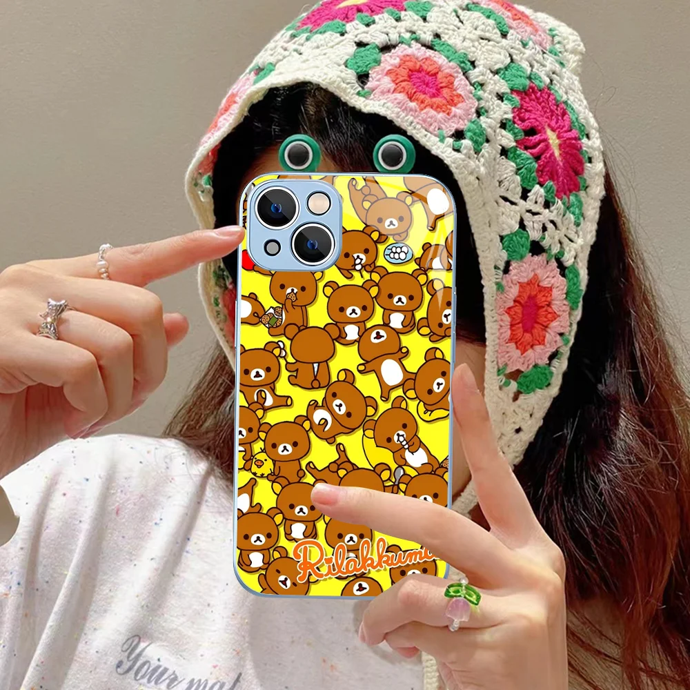 R-Rilakkuma Phone Case Tempered Glass For iphone 14 13 12 11 Pro Mini XS MAX 14Plus X XS XR Fundas