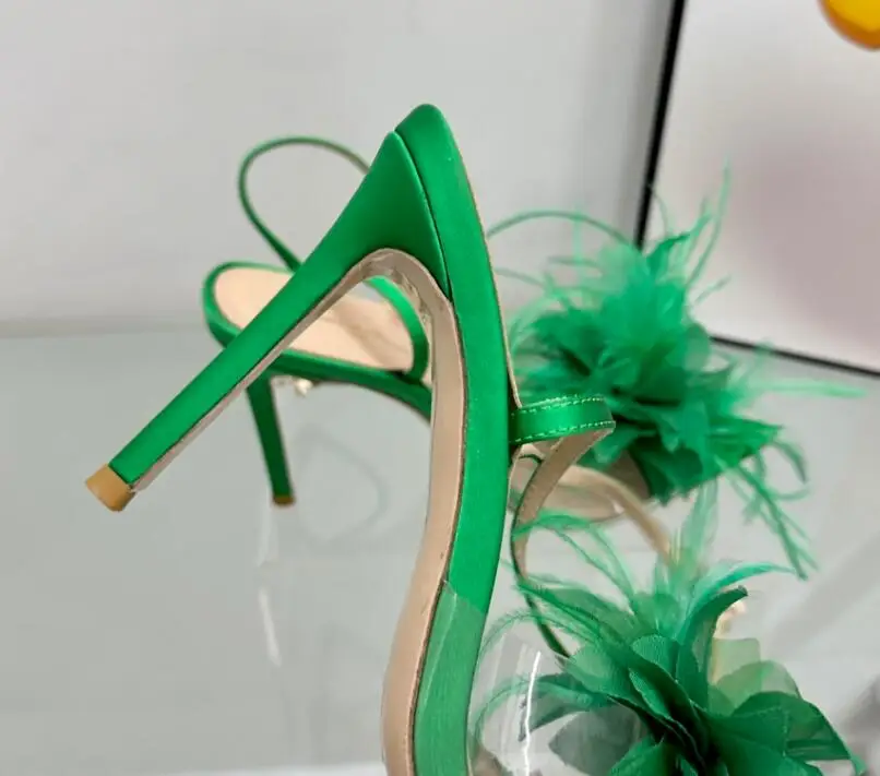 Sexy Thin Heel Women Sandal Shoes Feather Ponited Toe PVC Elegant Party Sapatos Mujer Summer Women Runway Exquite Pumps