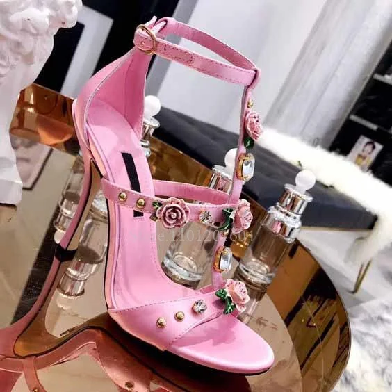 High Heels Flower Rhinestone 3D Rose Design Crystal Sandals Cover Round Head Buckle Solid Color Strap Fashion Summer Women Shoes