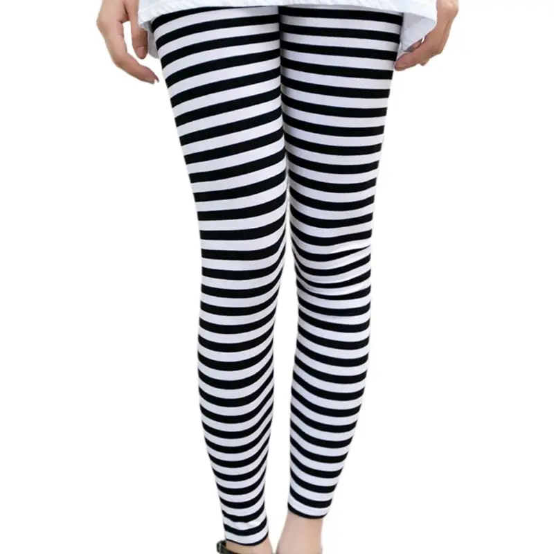 E15E Women Ankle Length Skinny Leggings Black White Horizontal Striped Pants Tights