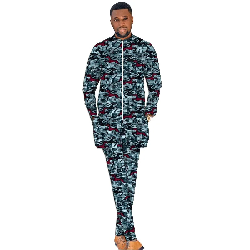

African Couture Stand Collar Top Sets Zipper Shirts+Trousers Print Men's Outfits Male Party Wear Ankara Pant Sets
