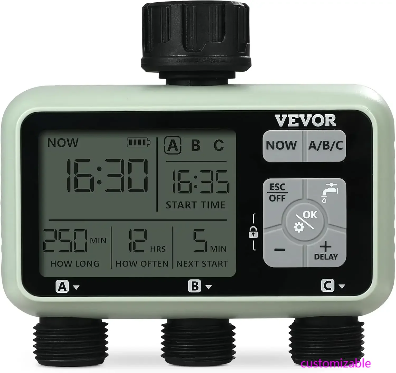 

Water Timer, 3 Outlets, Hose Watering Sprinkler Timer, with 3 Independent Watering Zone LCD Display Rain Delay Mode Manual Mode