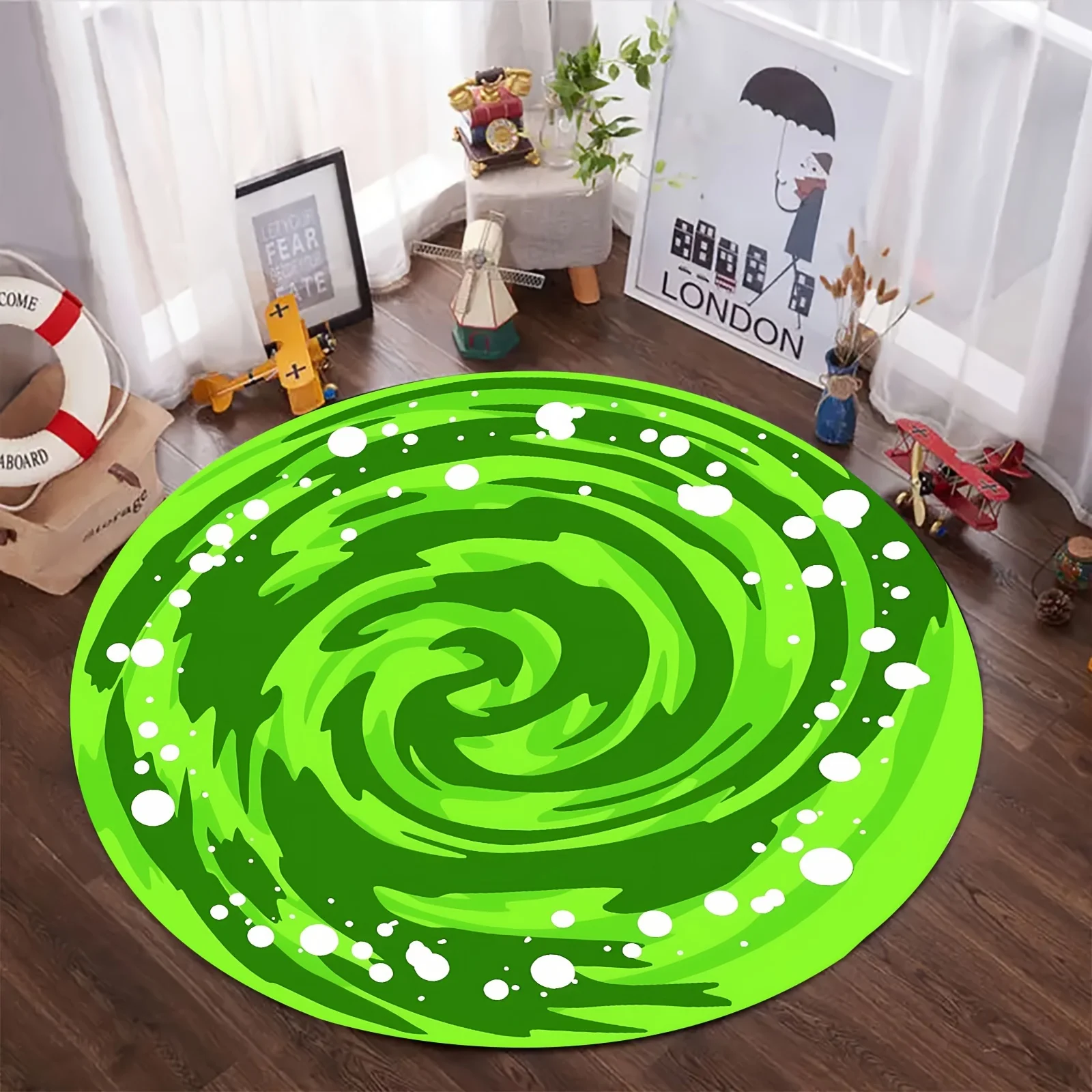 Vibrant Green Swirl Round Area Rug - 2D Printed Non-Slip Floor Mat for Living Room Bedroom & Home Decoration, 1PC