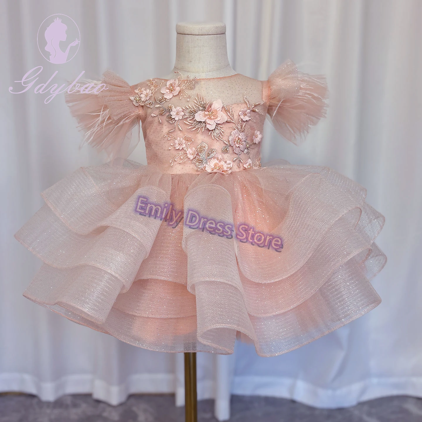 Cute Pink Flower Girl Dress For Wedding 3d Applique Lace Puffy Knee Length Kids Birthday Christmas First Communion Party Gowns