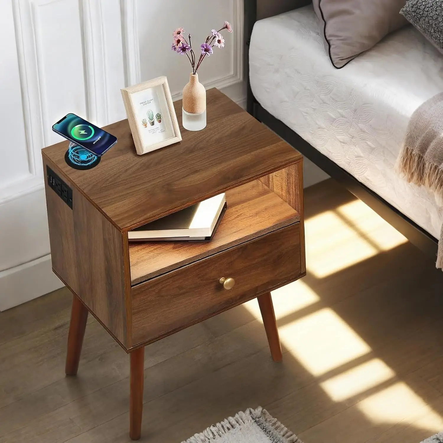 & Display Shelf For Home Bedroom Smart Apartment Use &Italian Minimalist Walnut Small Bedside Cabinet Assembled Storage