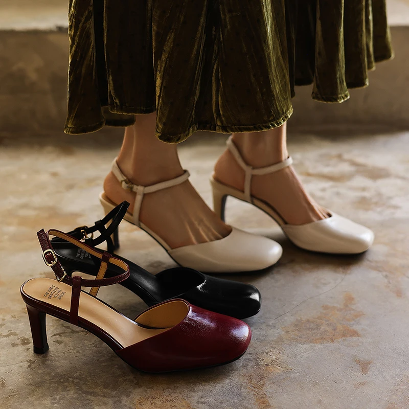 2026 new summer women sandals natural leather plus size 22-25cm sheepskin+cowhide+pigskin ankle-buckle high heel women shoes