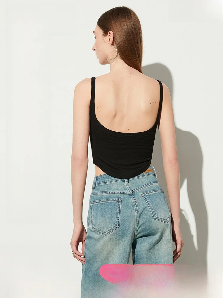 

Dplay Summer Versatile Bla round Ne-Piece Chest Pad High Elastici ter Vest Inteated Design Arc Hemline Slim Fit