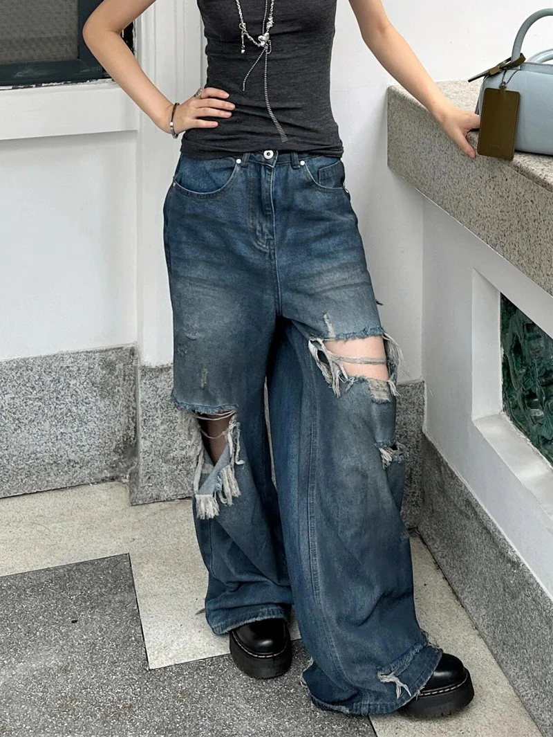 

American Style Vintage Distressed Tie Dye Wide Leg Jeans Women's Lazy Style Summer Design Hip Hop Hole Dragging Pants