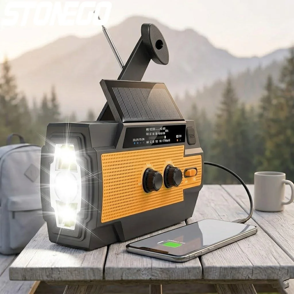 

Портативное аварийное радио с ручным приводом, 4000 мАч, солнечная зарядка, AM/FM/NOAA, фонарик 1 Вт, зарядка для телефона, SOS-сигнал