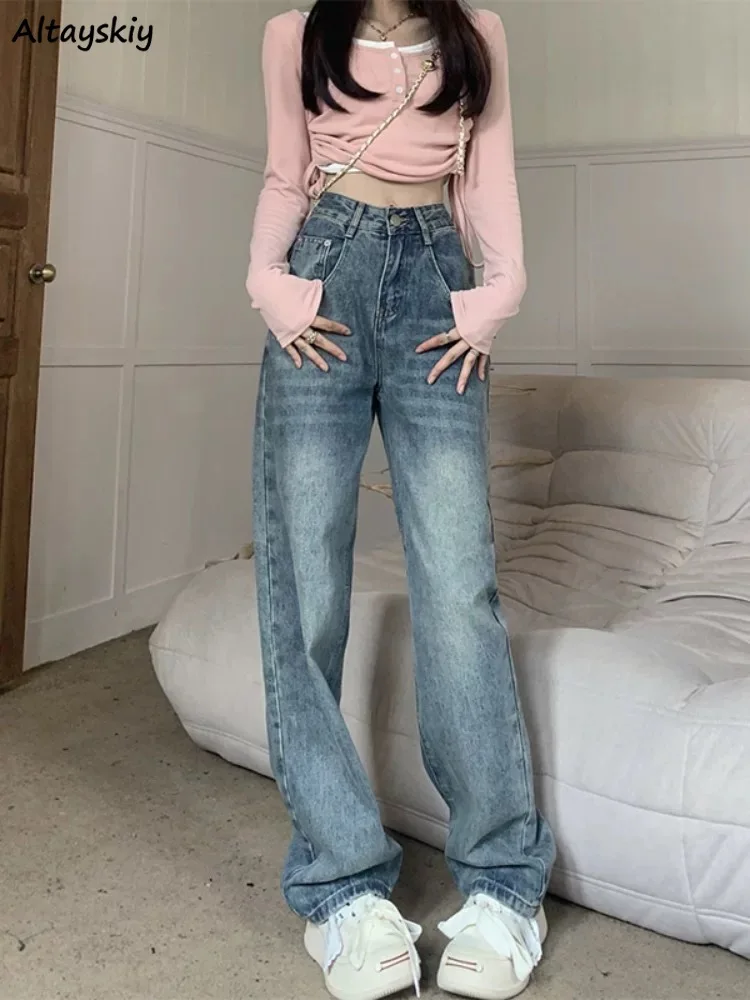 Jeans Women Autumn Retro Straight Trousers Baggy Pockets Streetwear Fashion Aesthetic Temper Джинсы Стрейч Женские Creativity