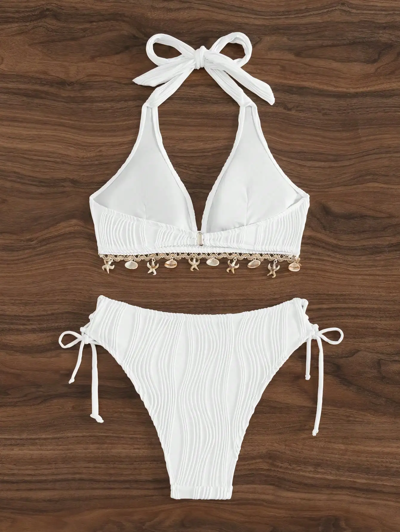 

Бело-фиолетовый комплект бикини с рюшами и декором в виде ракушек, треугольный купальник с V-образным вырезом, пляжный купальник из двух частей