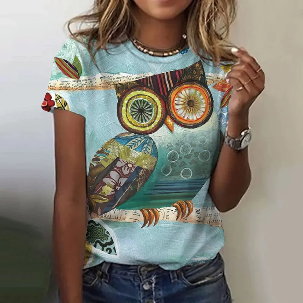 Vintage Women's 3D Owl Print T-Shirt Animal Pattern Top Summer Personality Street Fashion Top T-Shirt Loose Women's Clothing