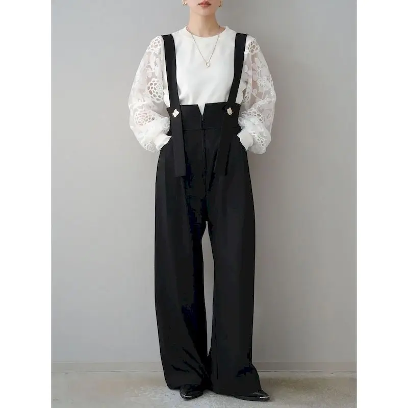 

Комбинезоны для женщин, корейские модные повседневные комбинезоны, цельная одежда, женские свободные эластичные талии, офисные женские элегантные черные брюки