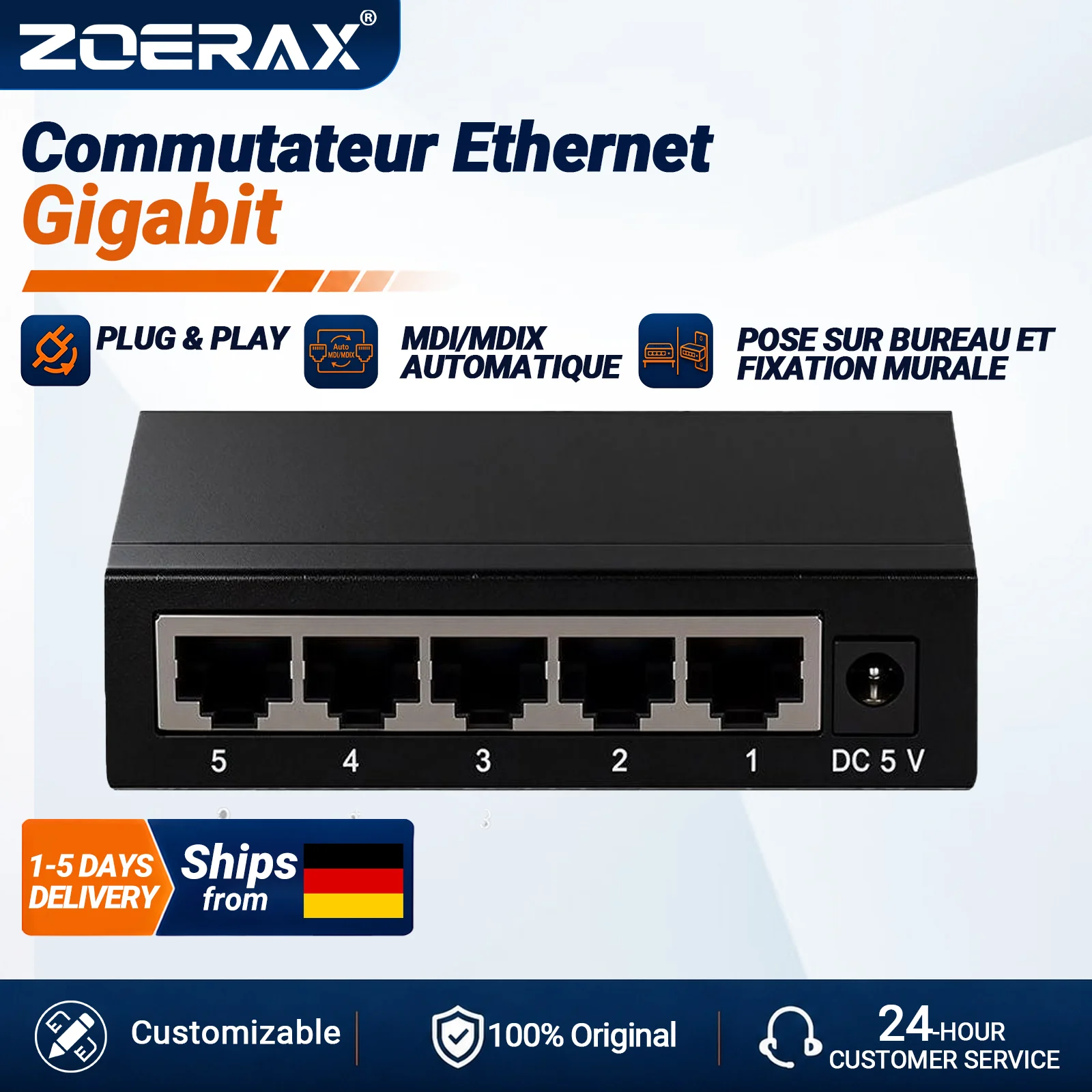 ZoeRax – commutateur Ethernet Gigabit à 5 ports, 10/100/1000Mbps, séparateur LAN RJ45, Hub réseau stable haute vitesse pour caméra IP de bureau à domicile