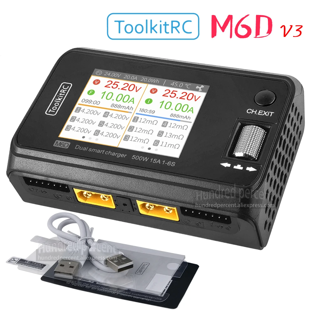 ToolkitRC M6D V3 Charger Black DC 500W Intelligent Dual Channel 1S 2S 3S 4S 5S 6S Toy Model Car Lithium Battery Fast Charging