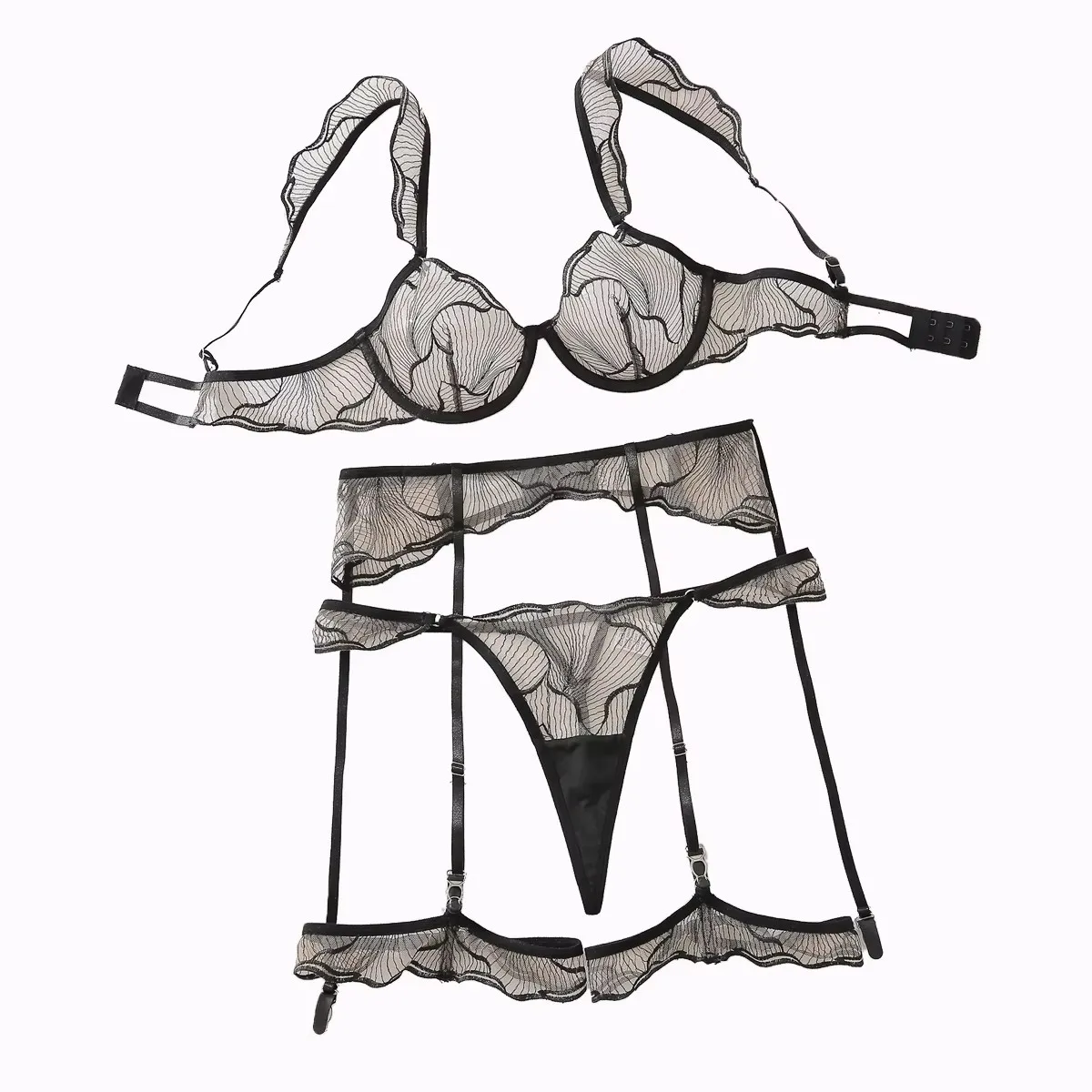 

Сексуальный комплект из 4 предметов, женское ультратонкое сетчатое нижнее белье, летний французский полый кружевной бюстгальтер и стринги с носками, комплект нижнего белья с кольцом на ногу