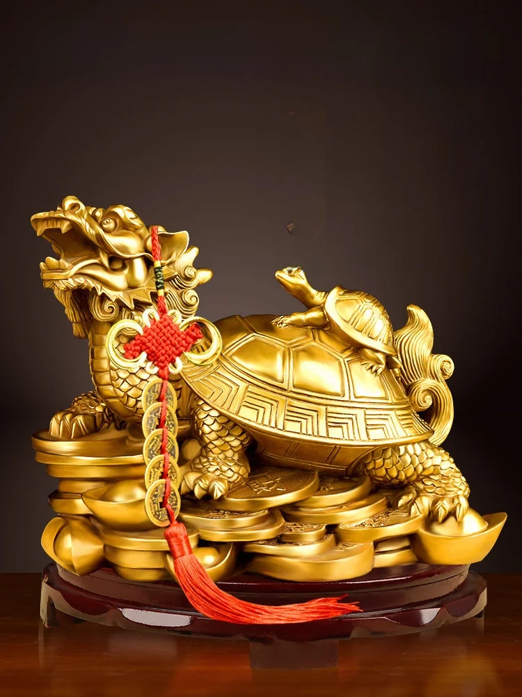 Figura de tortuga dragón de bronce, tortuga de la fortuna de bronce, tortuga con cabeza de dragón madre e hijo, adorno decorativo de mesa para oficina y hogar