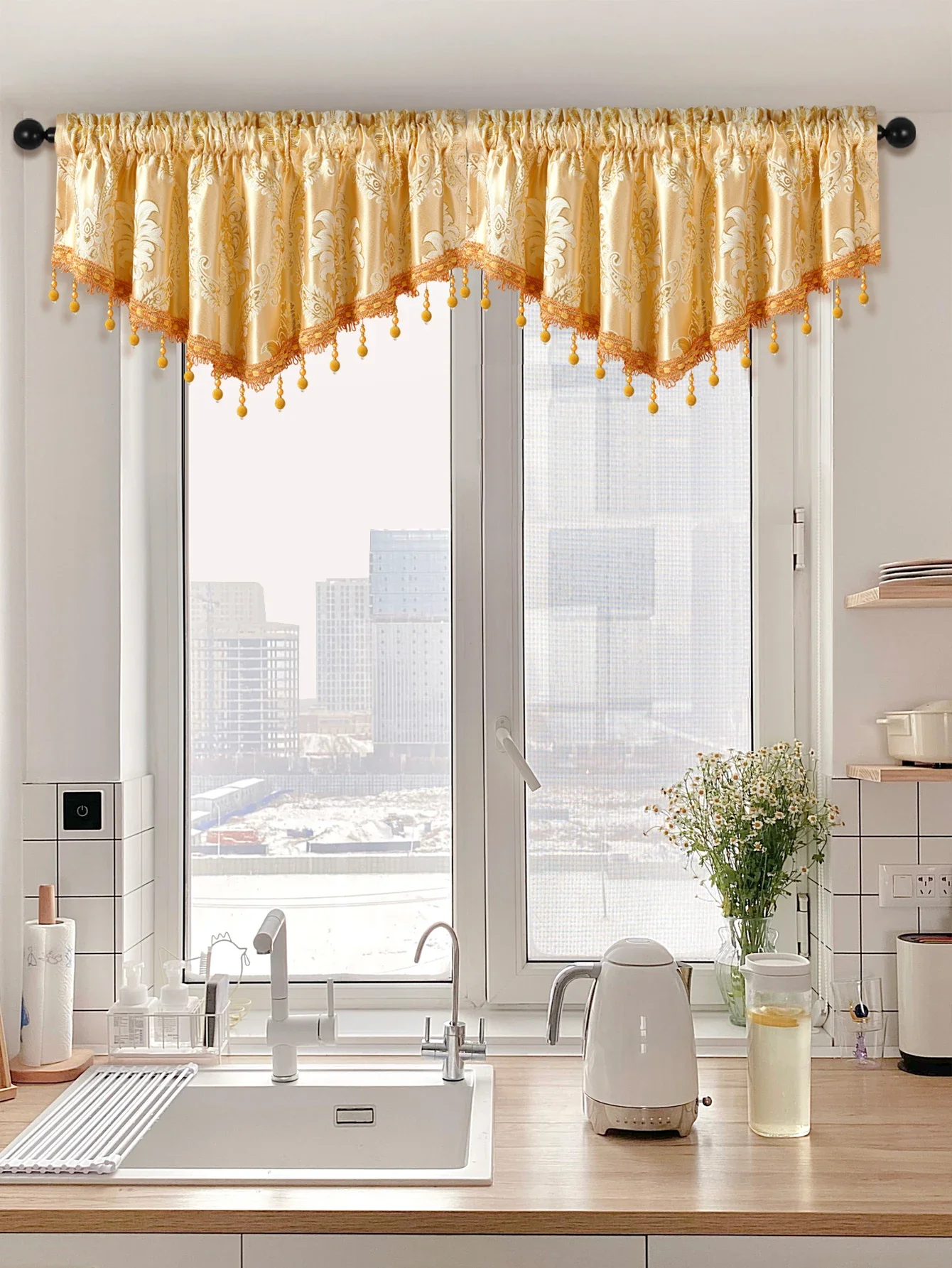 1 PC European Luxury Style  Valance，Rod Pocket，V-shaped Window Curtain with Bead Edges for The Living Room Decor