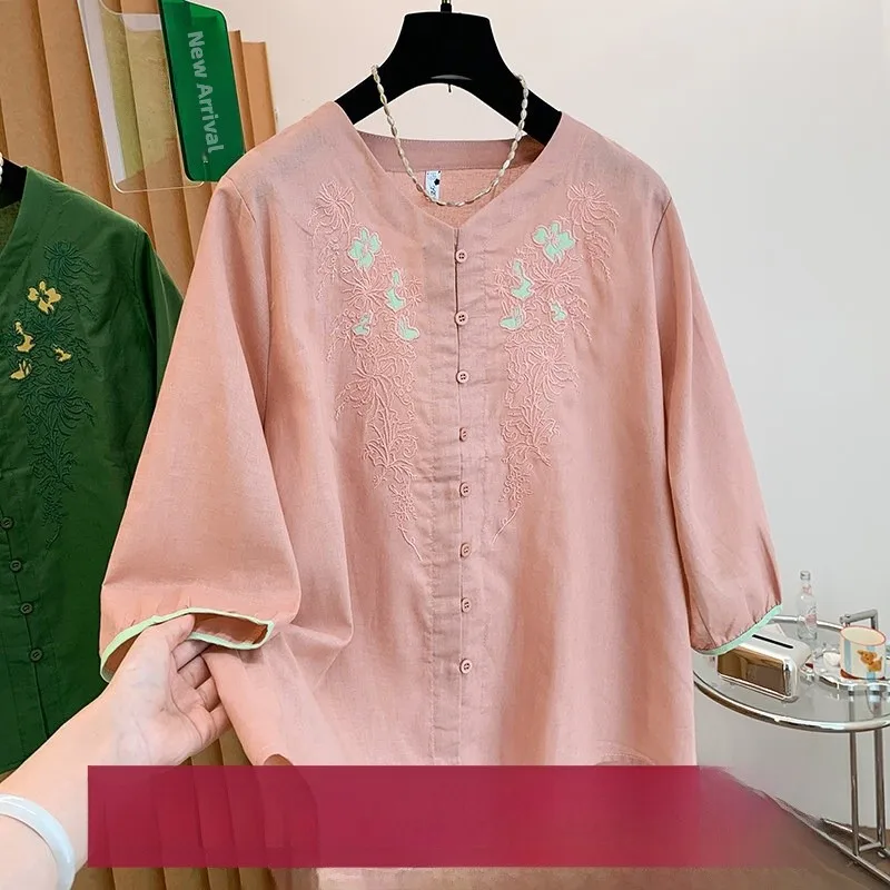 

Slimming Fit Vintage Embroidered Cotton Linen Shirt Women's Thin Five-Quarter Sleeve V-Neck Casual Breathable Open Cardigan