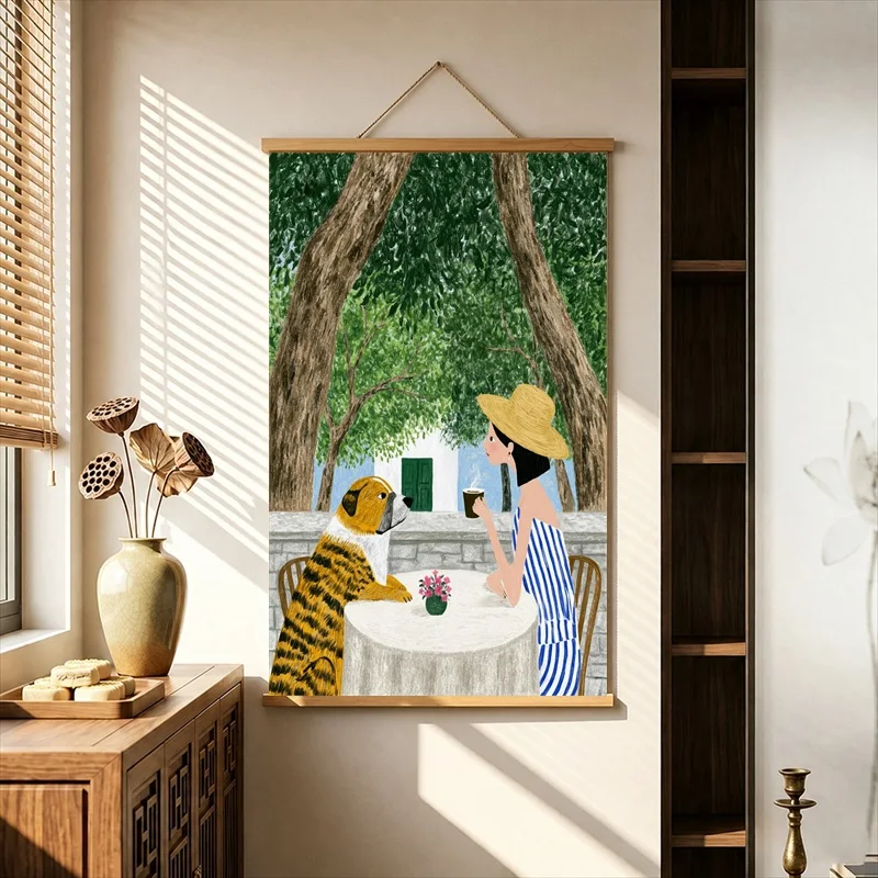 Wall Art Quiet Garden Tables beneath Green Trees, Slow Living Pearlescent Canvas Wall Hanging Scroll for Rooftop Cafe Wall Decor