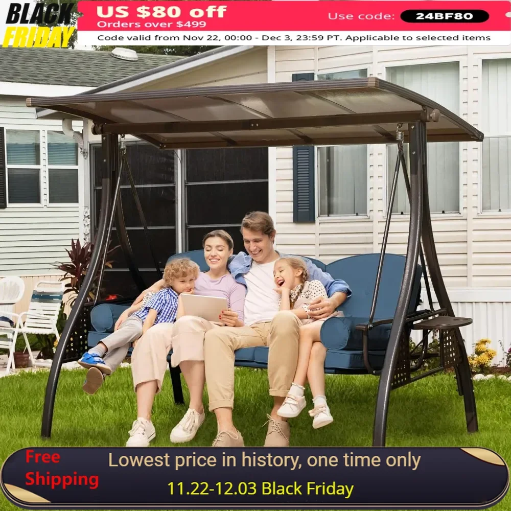 

3 Seat Outdoor Porch Swing with Hardtop, Cushions, 3-in-1 Convertible Swings Bed, Outdoor Swing