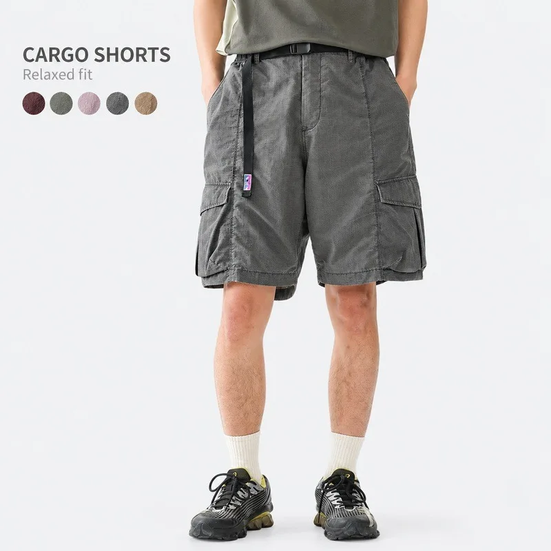 Men's Nylon Cargo Shorts Loose Fit Elastic Waist with Buckle Belt Multi Pocket Summer Casual Outdoor Shorts in Solid Colors
