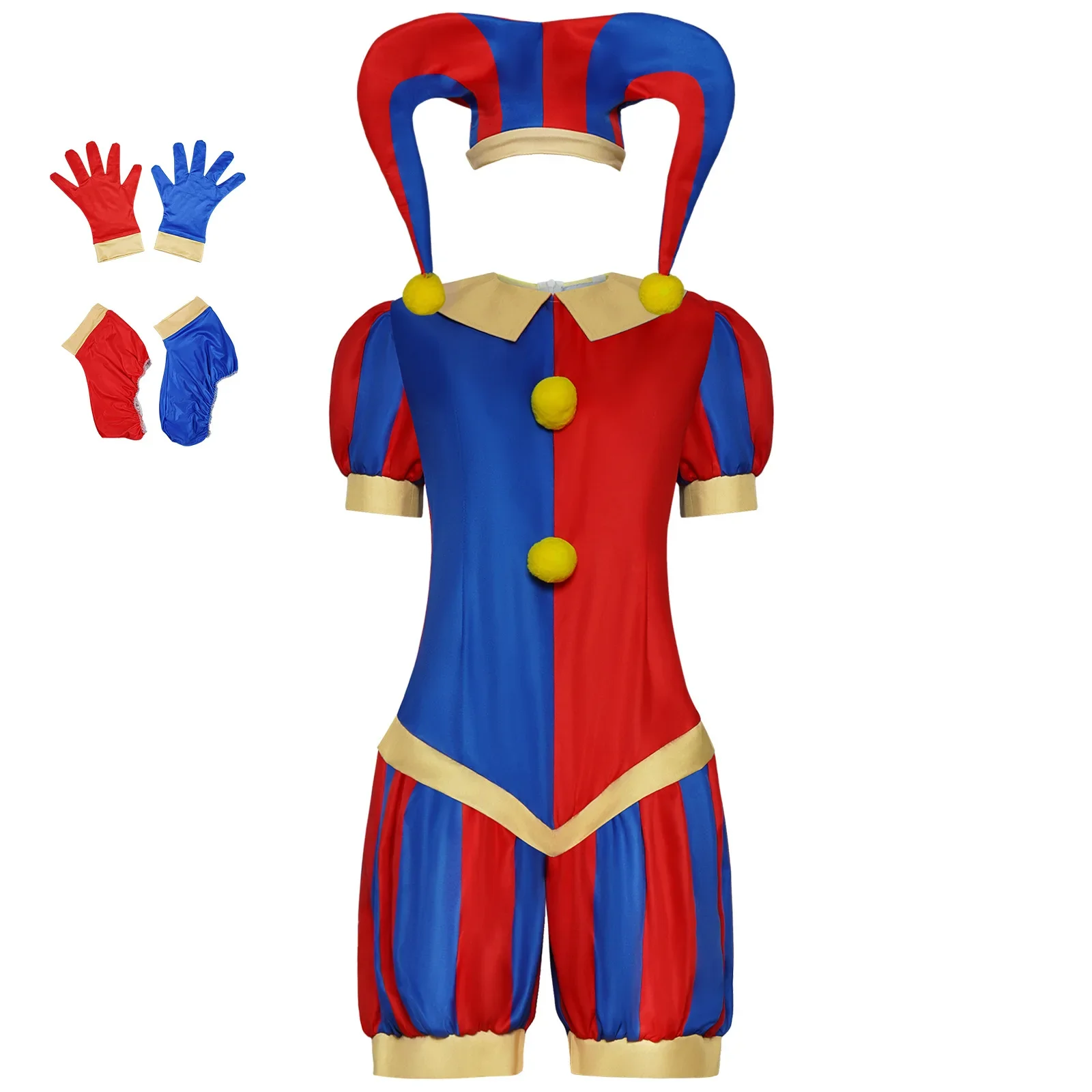 

Animation Pomni Cosplay Jumpsuit with Hat aShoes Cover Gloves Magical Virtual Circus Outfits for Halloween Carnival Circus