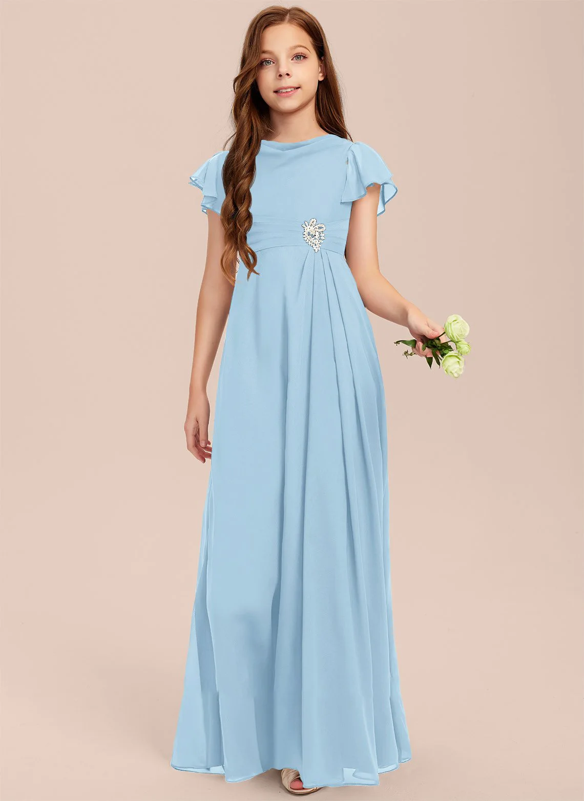 

A-line Scoop Floor-Length Chiffon Junior Bridesmaid Dress With Rhinestone