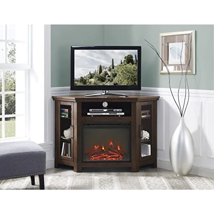 Traditioneller brauner Eck-TV-Ständer mit Glastüren für Kamine, ideal für Wohnzimmer und Medienräume, bietet Platz für Fernseher bis zu
