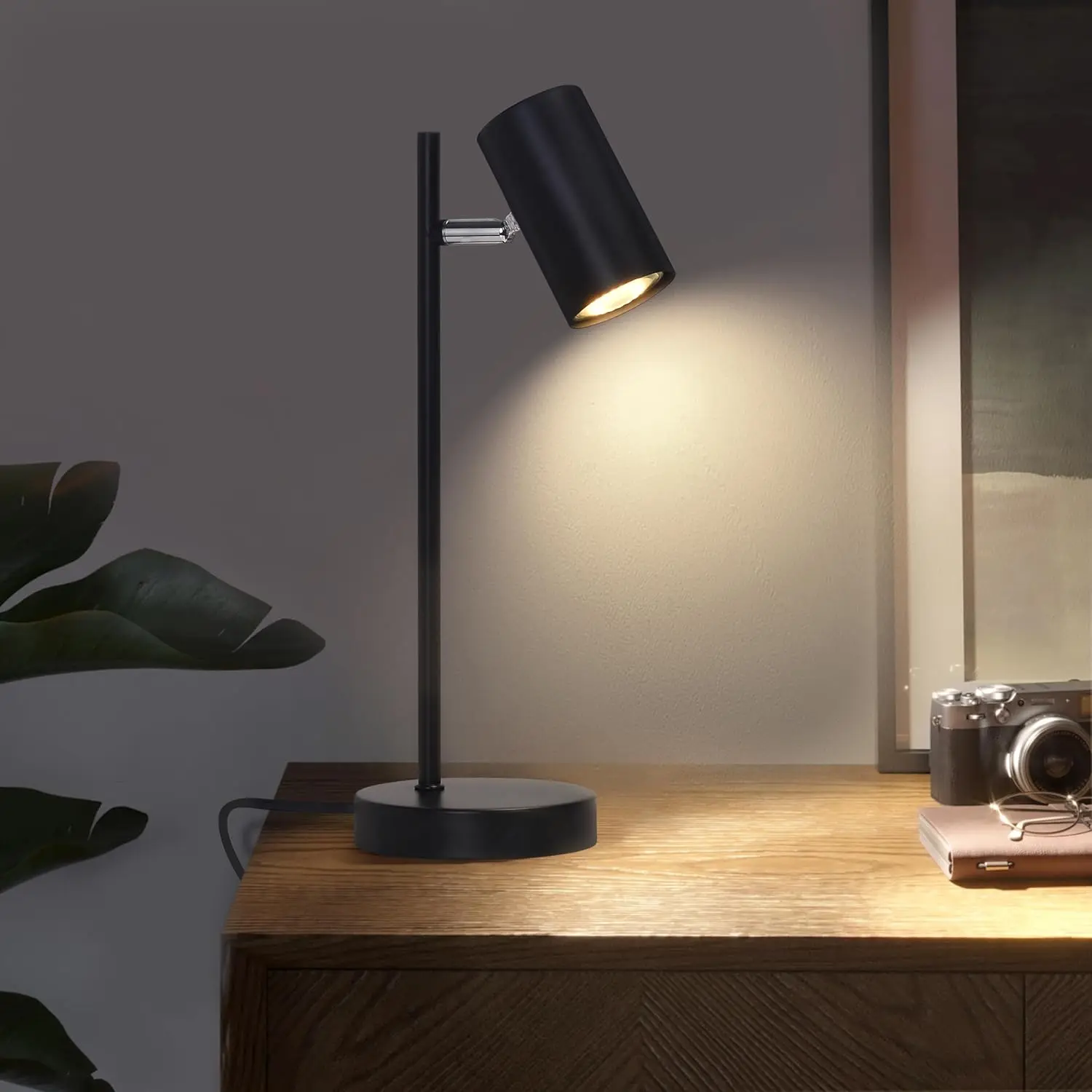 Nachttischlampe Schwarz Tischleuchte Wohnzimmer - Modern Schwenkbar 350° GU10 Tischlampe Schlafzimmer aus Metall Schreibtischlampe mit Kabel für Nachttisch Schreibtisch(ohne Leuchtmittel)
