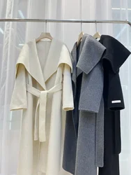 Nuovo autunno inverno cappotto bifacciale in Cashmere donna accappatoio in seta di gelso pelliccia di coniglio grande risvolto cappotti di lana sciolti cintura femminile