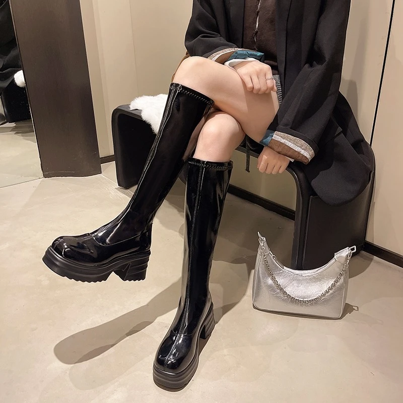 Block Heel High Boots Winter New Round Toe Spliced Back Zipper Platform Non-slip Cotton Shoes