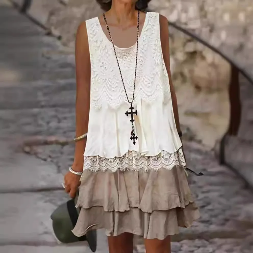 Women's Double-layer Round Neck Sleeveless Vest Dress 2025 Summer Fashion Simple Lace Pleated Patchwork Contrasting Dress
