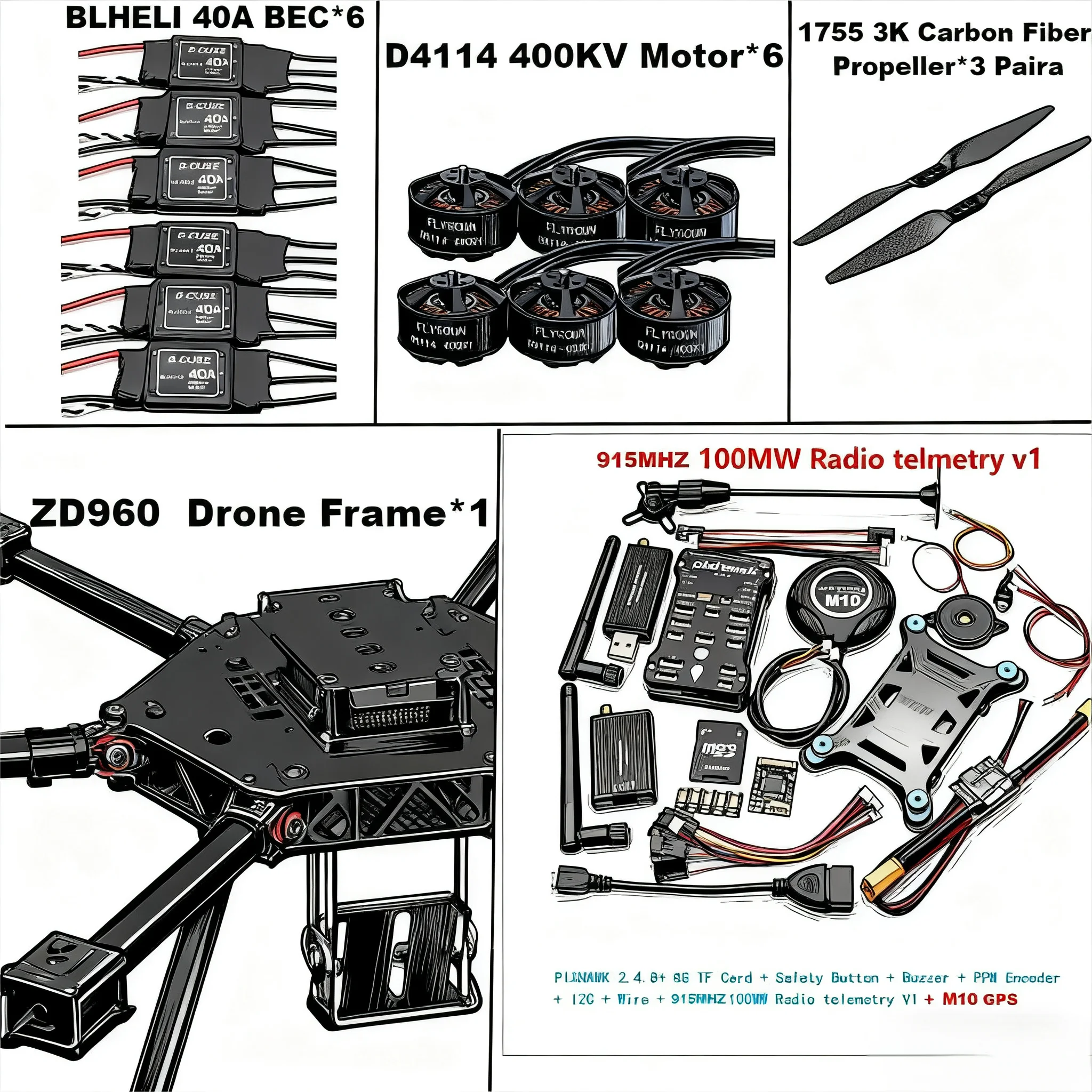 

Angeltoy ZD960 PIXHAWK2.4.8 M10 Полностью карбоновая рама с шестиротором BLHELI 40A ESC Flight Comtrol Набор телеметрии Rado