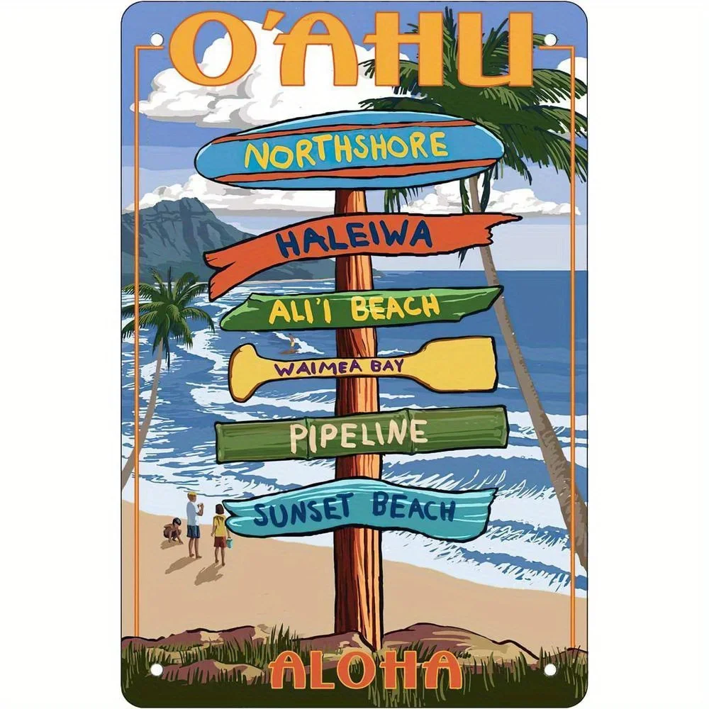 Cartel de viaje vintage de Hawaii, letrero de metal, decoración de pared Tropical North Shore Oahu con destinations de Aloha Beach, Ind resistente