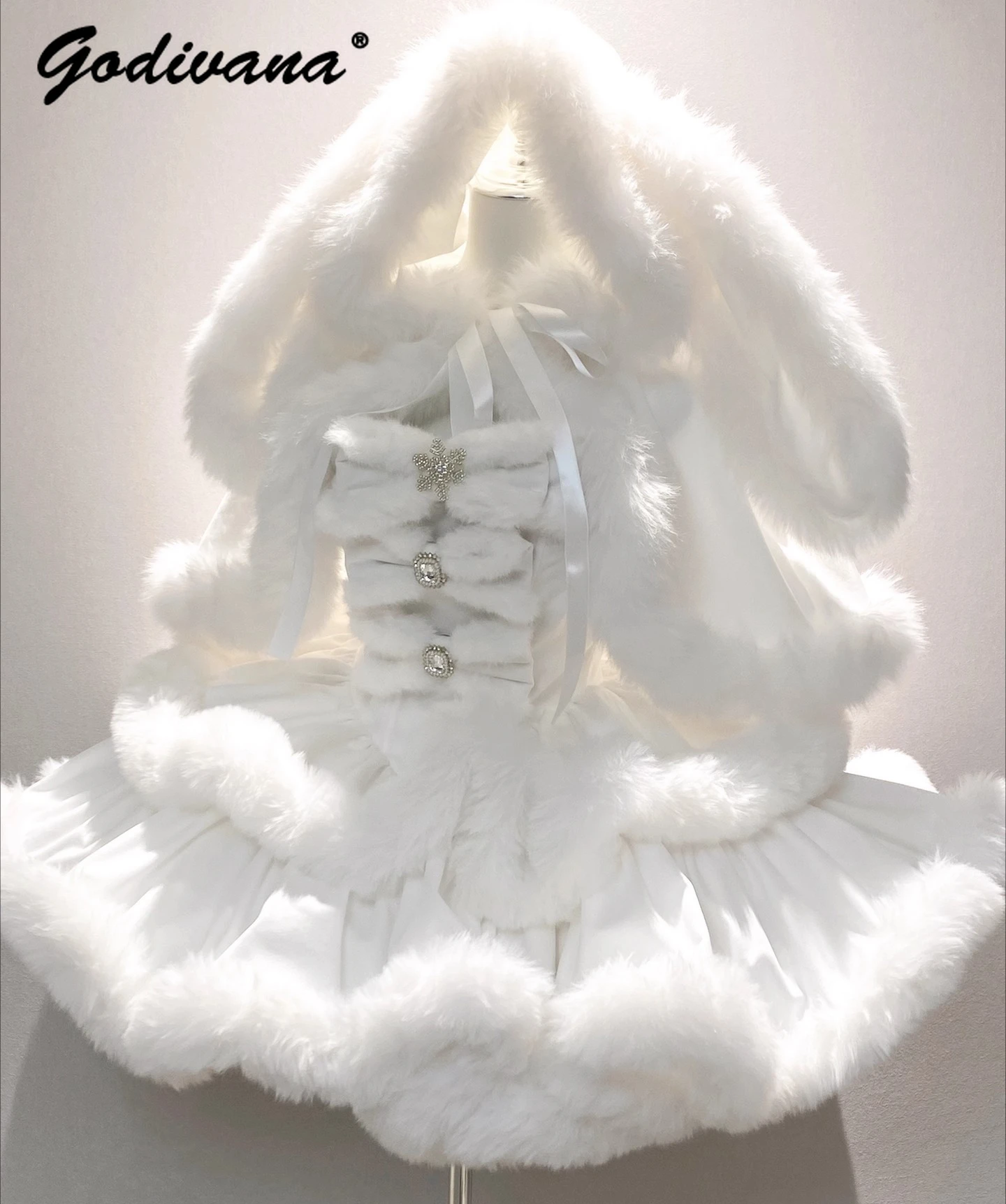 Original dulce lindo Orejas de conejo de peluche grande oreja de conejo capa blanca arco peludo vestido sin tirantes invierno mujeres románticas vestidos de princesa