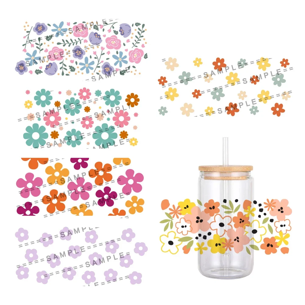 Colorful Small Flowers Pattern UV DTF Wraps Transfer Sticker DIY For 16oz Libbey Glass Cup Waterproof Wrap Transfers Decals Cup