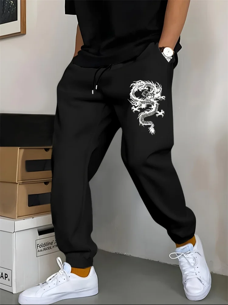 Y2K Pantalones para correr con estampado de dragones y letras para hombre. Pantalones casuales con cordón elástico en la cintura, uso diario, pantalones deportivos S-3XL