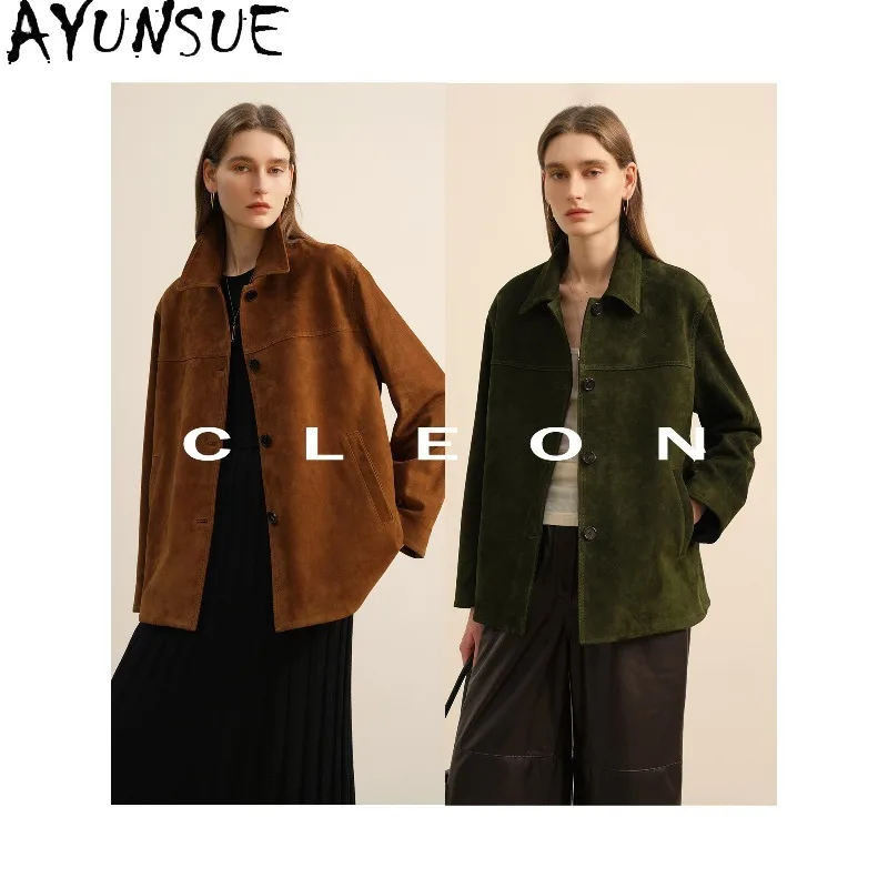 AYUNSUE Real Leather Jacket Woman Retro Casual Lapel Outerwears Loose Real Leather Jackets for Woman Clothes Jaqueta De Couro