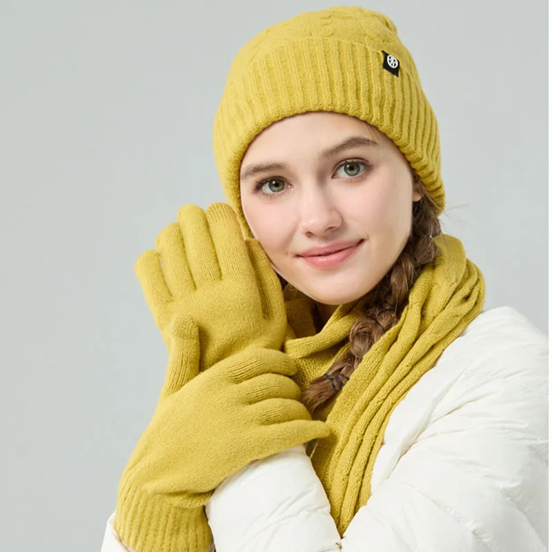 3 pezzi donna inverno sciarpa lunga berretto cappello guanti Set tinta unita Fushia rosso giallo berretto invernale spesso caldo doppio strato