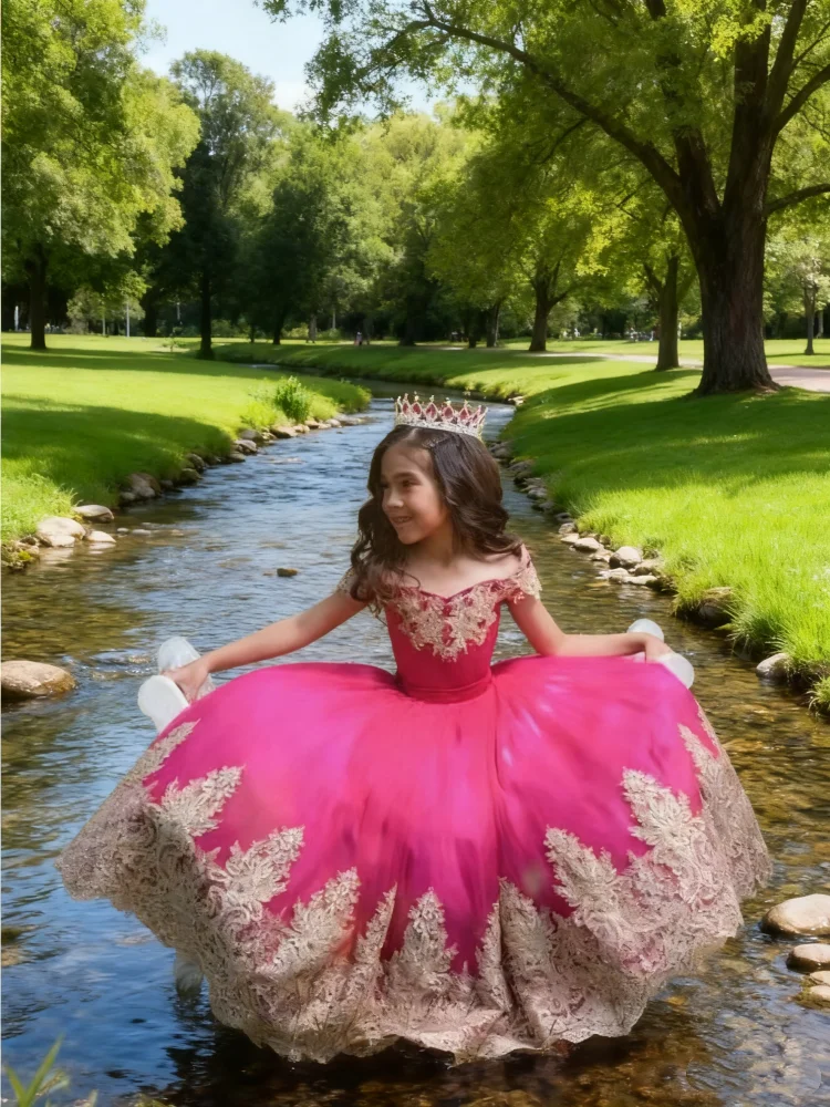 Vestido de niña de flores con hombros descubiertos y lazo lujoso bordado dorado rojo rosa para niños fiestas de cumpleaños bodas Banqu