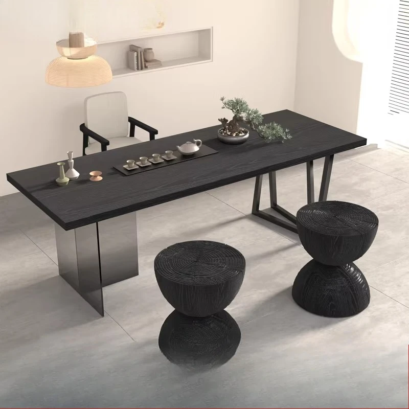 

Black solid wood tea table office reception high-end light luxury large board tea table living room