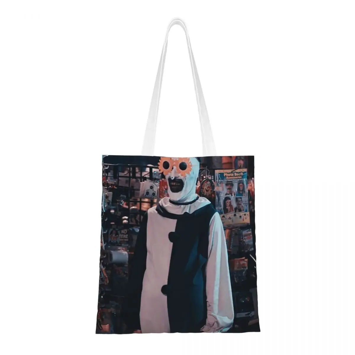 Custom Terrifiers Girl Halloween Horror Movie Shopping Canvas Bag Women Durable Groceries Tote Shopper Bags