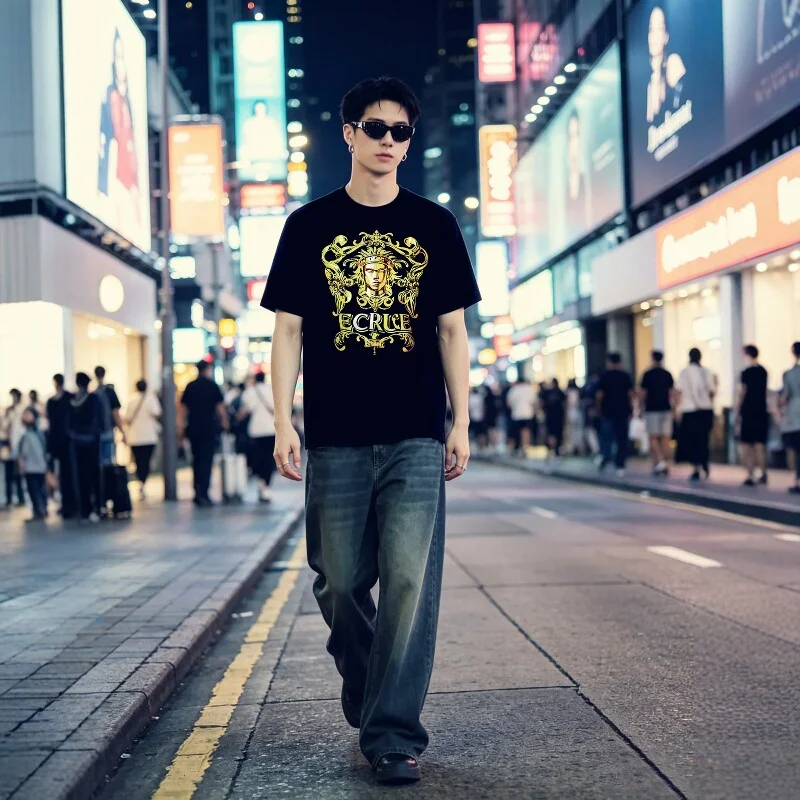 Chunyu Yinjia Italian Light Luxury Men's T-Shirt 2025 New European Station Gold Head Print Short Sleeve Tee