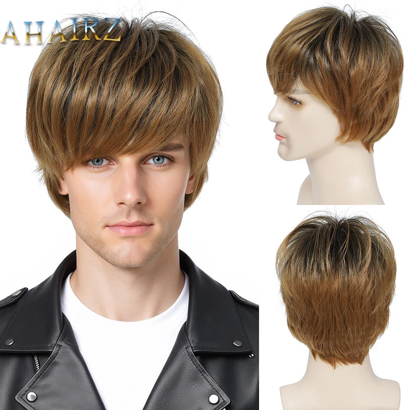 

Synthetic Short Straight Mixed Blonde Wigs with Bangs For Men Cosplay Daily Party Heat Resistant Breathable Fake Hair