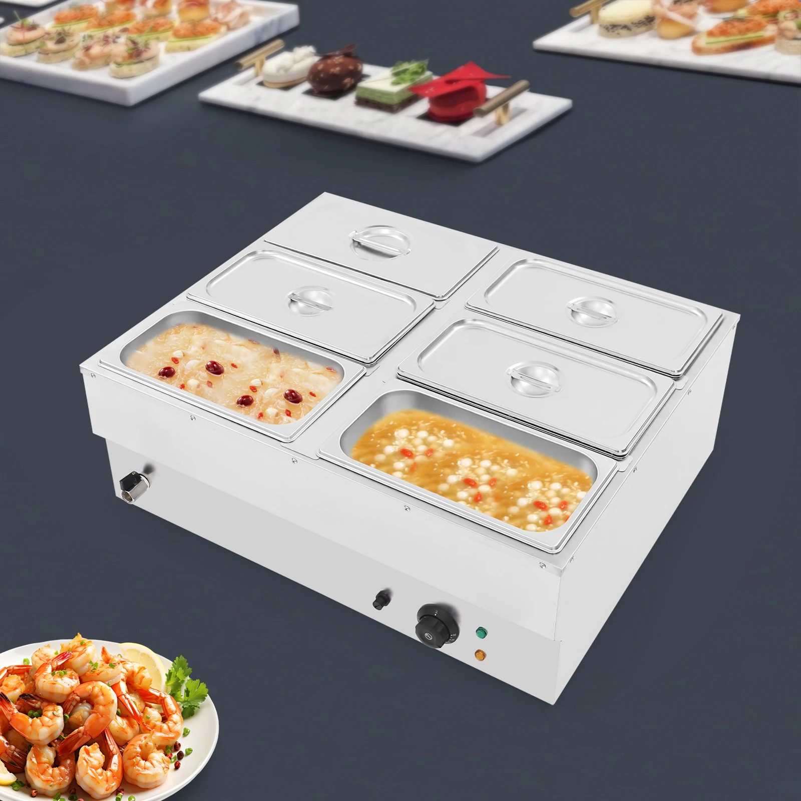 6-Pan Steamer Commercial Food Warmer 110V, Stainless Steel Insulated Soup Pool, 1500W Efficient Heating, Luxury Polished Finish, US Plug