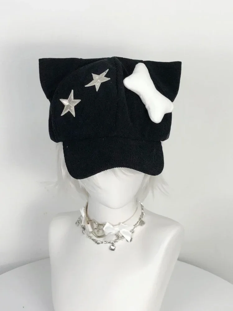 2024 Women Japanese Gothic Harajuku Lolita Girls Hat Kawaii Cute Bone Star Cap Y2k Aesthetic Chic Ear Bucket Hats Female Vintage