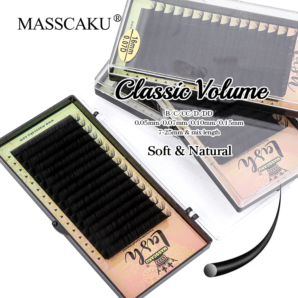 

MASSCAKU Handmade Matte Black Soft Lightweight Single Length False Eyelash 0.05mm 0.15mm 8-15mm Mixed Length Classic Volume Lash