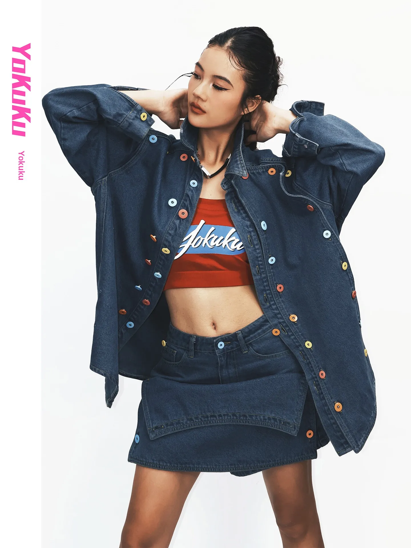YoCool Spring Design Denim Shirt Women's Asymmetrical  Skirt Set Casual Style Long Sleeve Button up Fashion Outfit